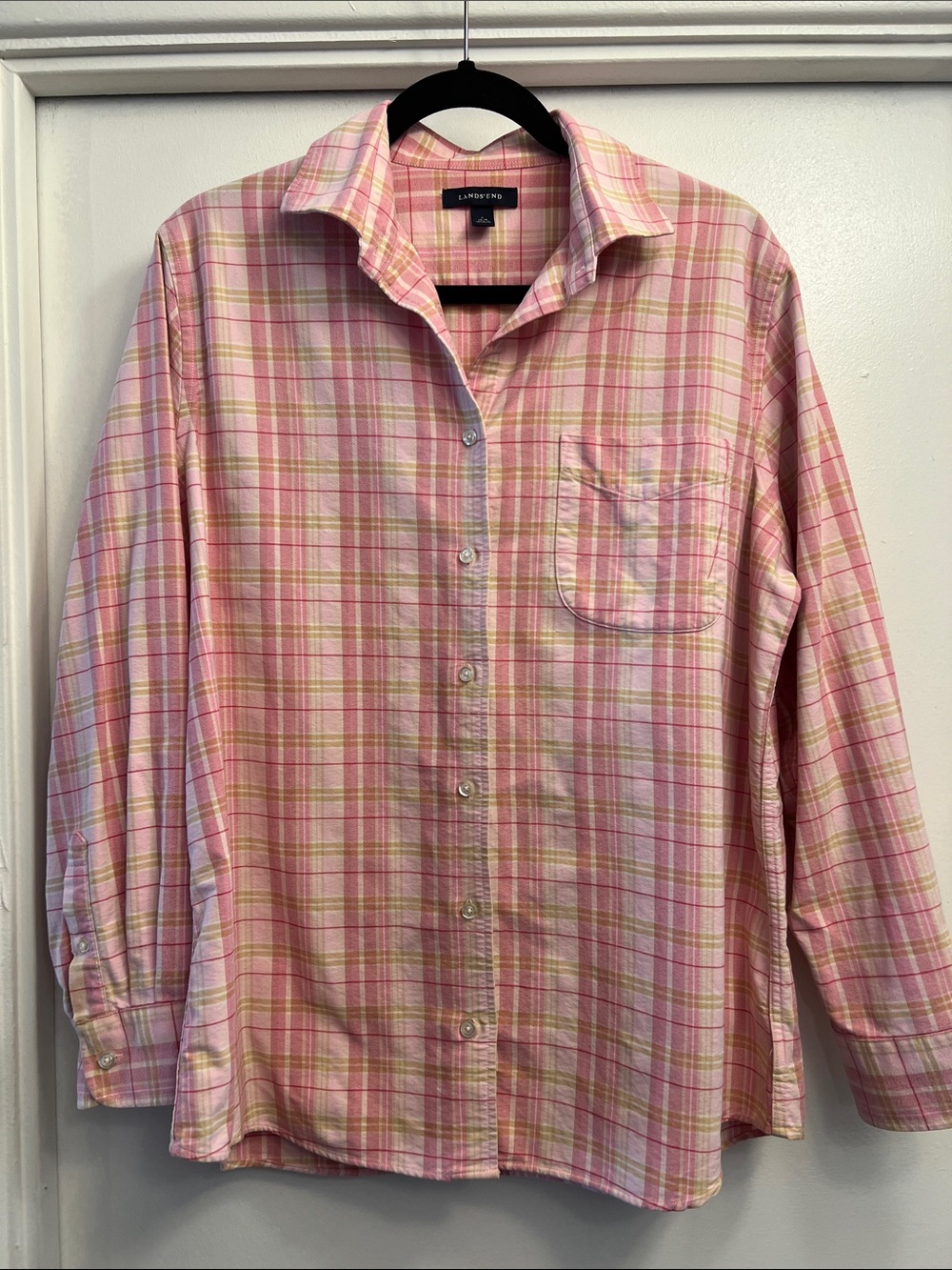 Lands' End Pink Plaid Oxford Cotton Button-Down Shirt Size Large
